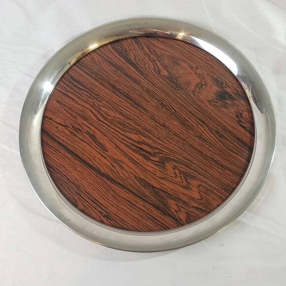 Vintage MCM Stieff Pewter Round Serving Tray Formica Woodgrain Barware 16" - Picture 2 of 6